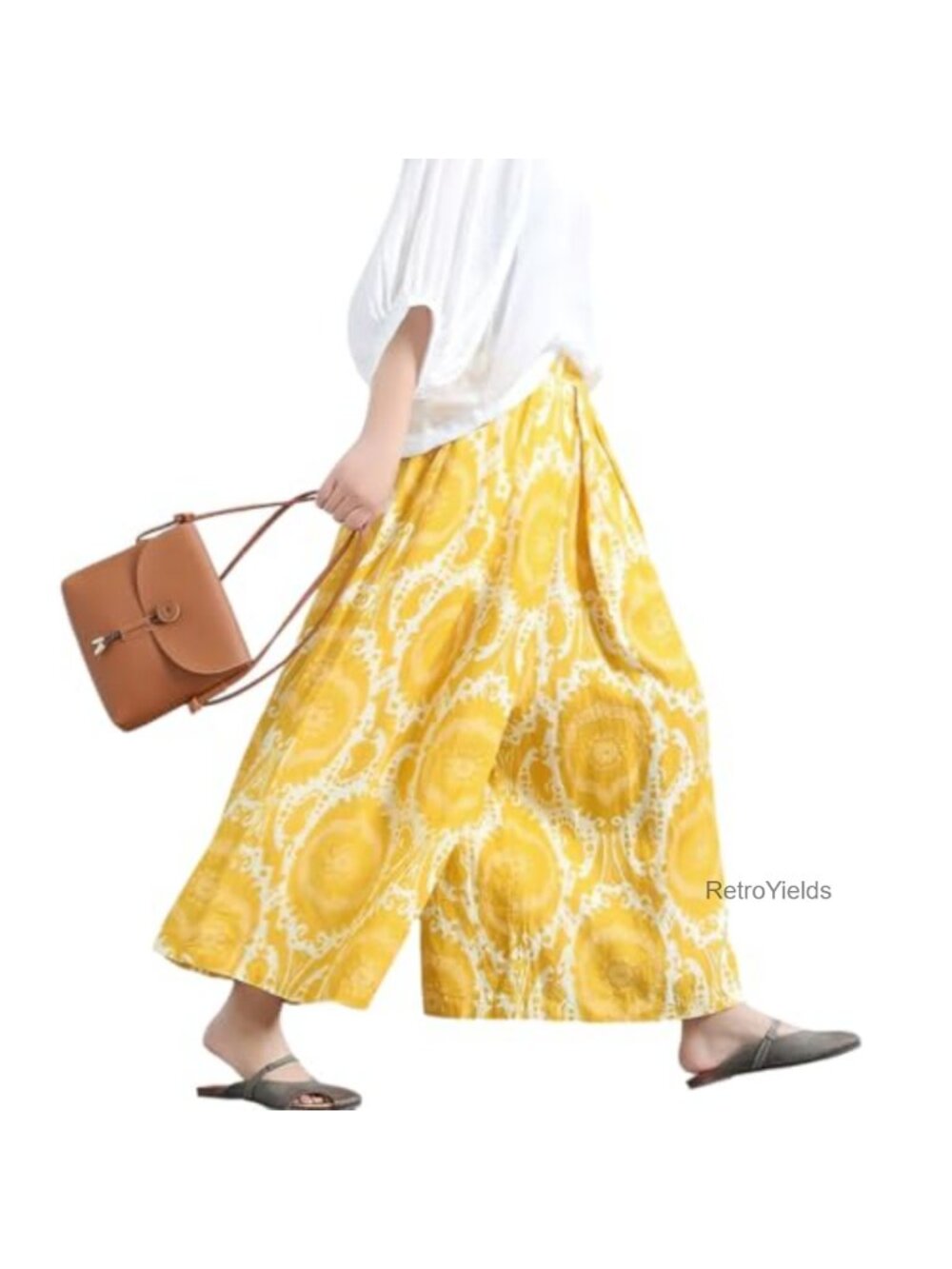 Floral Printed Cotton Crop Pants High Rise Wide Leg Palazzo Trousers
